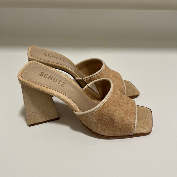 Schutz Lizah Wild Welt Mohair Heels Chunky Block Heel Tan Leather Size 8 - Picture 3 of 9